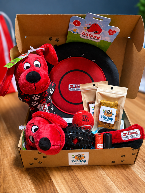 Caja de juguetes Clifford grande para perros con pelotas, juguetes y golosinas
