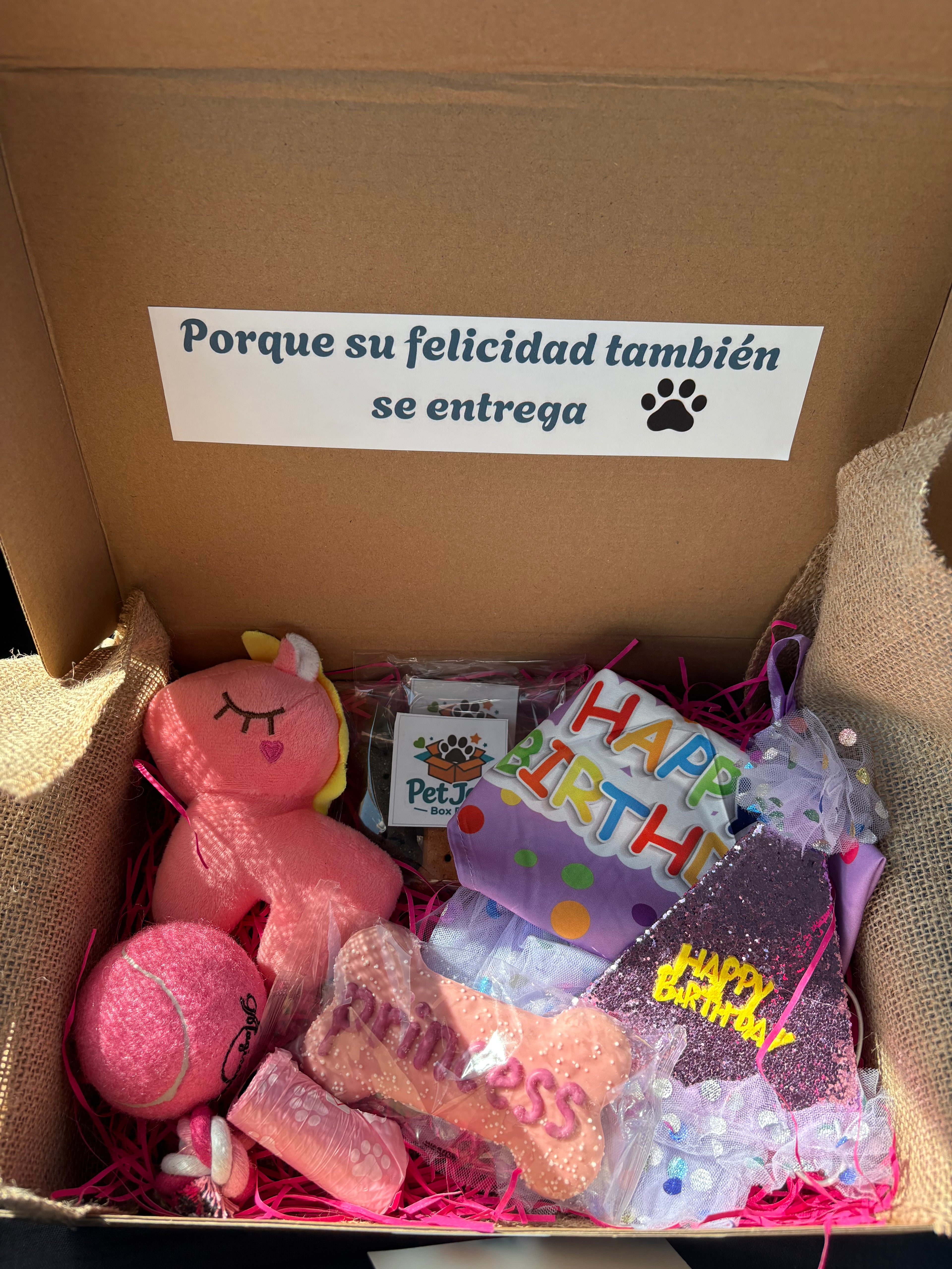 Cajita de cumpleaños con juguetes y treats para mascotas, incluye Pet Joy box cumpleaños.